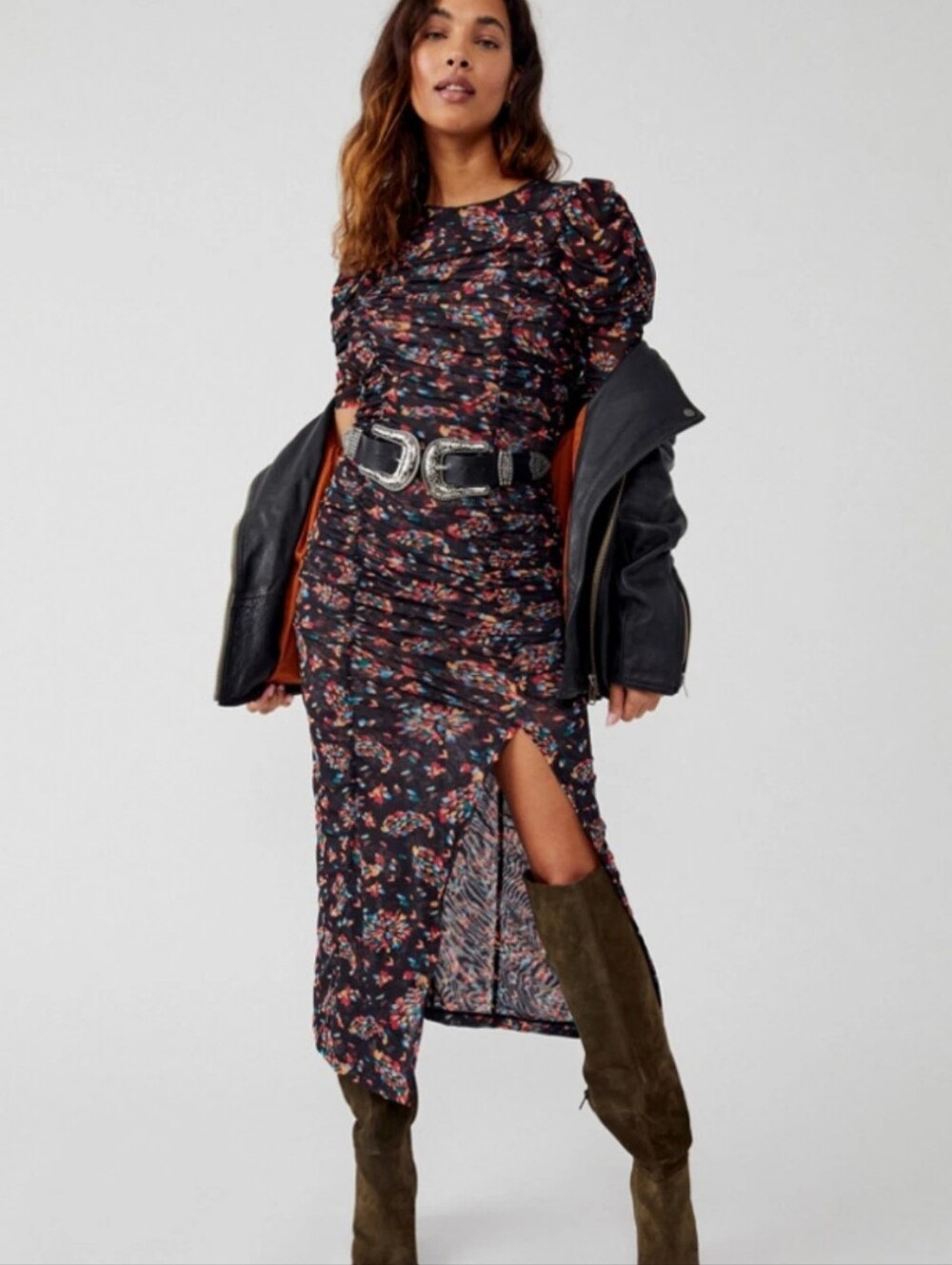 Free People Briella Midi Dress Women’s Size L Twilight Combo Puff Sleeve Ruched